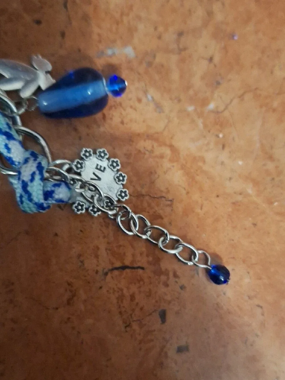 Silver Chain Charm Bracelet with Blue Glass Beads